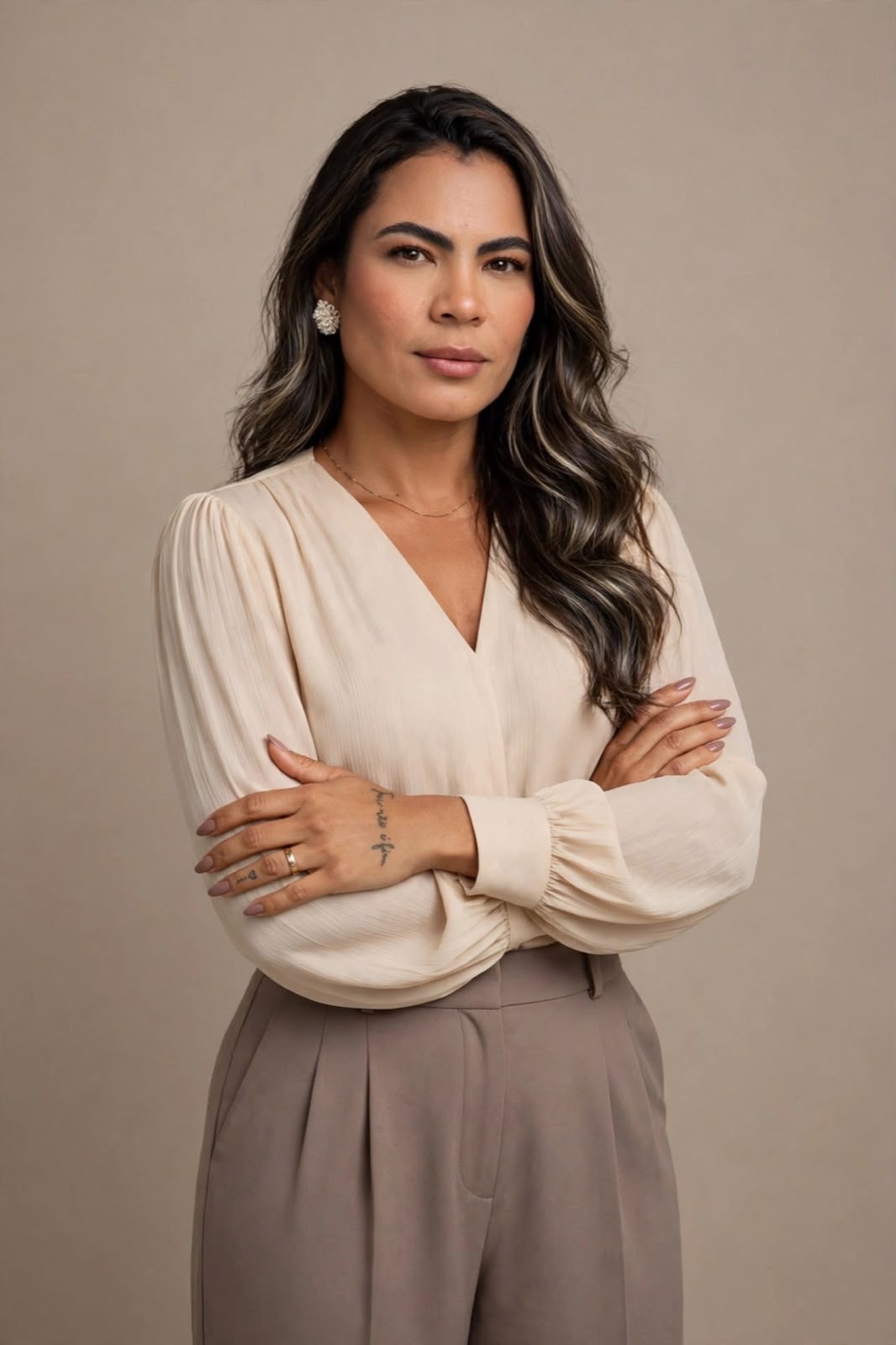 Nara Braitt de blusa creme, braços cruzados, olhando para a câmera